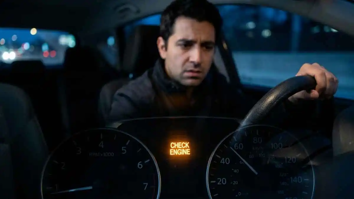 Driver looking concerned at an illuminated check engine light on the dashboard at night