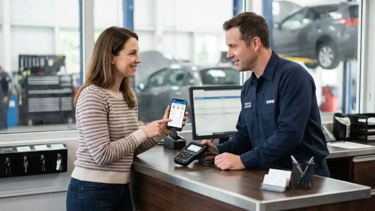 Customer showing a scanner screen to a mechanic at a repair shop counter