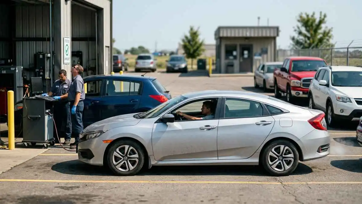 Car waiting in line at an emissions inspection station