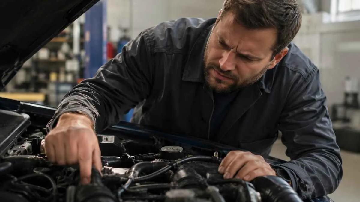 Person inspecting an open car engine bay by hand with a puzzled expression