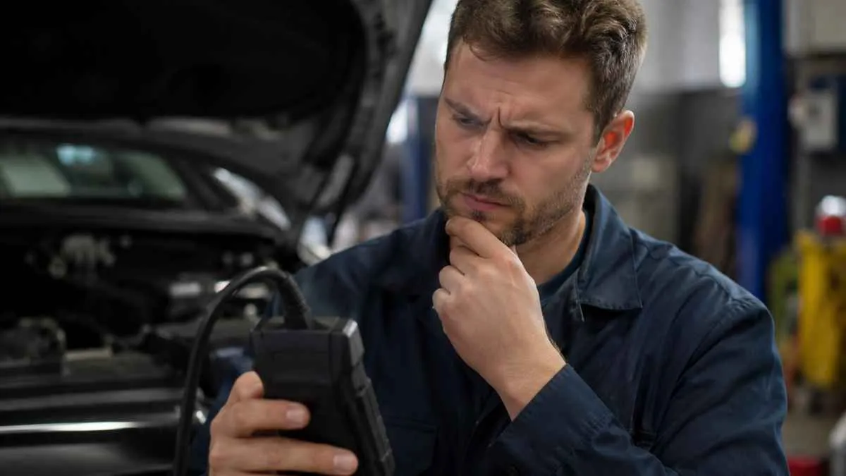 Person examining an OBD2 scanner screen with a thoughtful expression in a garage